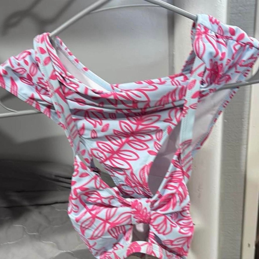 Pink floral print on light blue bikini set